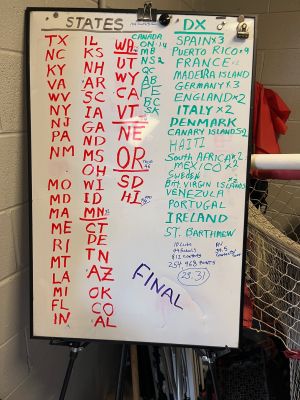 (New information underlined)
Monday Claimed Score: 7,384 pts
Tuesday Claimed Score: 63,308
Wednesday Claimed Score: 123,522
Current Claimed Score: 192,192

Monday Total Contacts: 104
Tuesday Total Contacts: 323
Wednesday Total Contacts: 519
Current Total Contacts: 704

Monday Total Time on-air: 2 hrs, 8 min
Tuesday Total Time on-air: 7hrs, 36 min
Wednesday Total Time on-air: 12hrs, 58 min
Current Total Time on-air: 18hrs, 22 min

States / Canadian Provinces Contacted: (Mon: 32 / Tues: 40 / Wed: 44 / Thursday: 46)
(Long story short: we need Alaska, Hawaii, Nevada, and South Dakota to have a 50-state sweep for this week)
Alabama, Arkansas, Arizona, California, Colorado, Connecticut, Delaware, Florida, Georgia, Idaho, Illinois, Indiana, Iowa, Kansas, Kentucky, Louisiana, Maine, Maryland, Massachusetts, Michigan, Minnesota, Mississippi, Missouri, Montana, Nebraska, New Hampshire, New Jersey, New Mexico, New York, North Carolina, North Dakota, Ohio, Oklahoma, Oregon, Pennsylvania, Rhode Island, South Carolina, Tennessee, Texas, Utah, Vermont, Virginia, Washington, West Virginia, Wisconsin, Wyoming

Canadian Provinces: 
Manitoba
Ontario
Nova Scotia
Quebec

Foreign Countries / Territories: British Virgin Islands, Canada (15X), Canary Islands (Off the African Coast) (2x), Denmark, England (2x), France (2x), Germany (3X), Haiti, Italy (2x), Madeira Islands (Off the African Coast), Mexico, Puerto Rico (8X), South Africa, Spain (3X), Sweden, Venezuela

Total tax-free miles travelled to foreign countries and Canadian Territories: 119,037
(Monday: 11,367 / Tuesday 53,355 / Wednesday:86,331)

Schools:(33) including several elementary schools, Ida Brown Jewish Academy in Illinois, Cornell University (NY), Dixie Heights HS (KY), Houston Christian University (TX), Lampassas Middle School (TX), Michigan State University (MI), Rice University (TX), University of Arkansas (AR), University of Michigan (MI), University of Wisconsin (WI), Youngstown State University (OH)

Clubs: (8) including Ham Radio Outlet in Colorado, FBI in Virginia, a club operating out of a middle school in New Jersey, and Disney World's employee ran club station out of Florida. 

Piglet (Young Ham) Contacts:
Addi: 64 (first time ever!!)
Aulbri: 50 (first timer)
Brianna: 11
Emilee: 103 (first-timer)
Griffin: 101
Halen: 22 
Jacob: 96
Leland: 27 (first timer)
Lilian: 74 (first timer)
Nerf (Jakob J): 47
Syrenna: 64 (first time ever!!)

Updates:
188 contacts Thursday
We are 9 contacts from 713, our former school record - Lord willing, our students will set some records today.
We have some absolutely great students at LMS.
Thanks so much to our teachers for their flexibility this week!
We will be back on the air today from 12 pm to 5:00 pm. 

