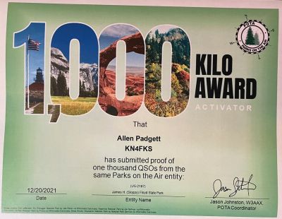 Again it has been a POTA active week.  The week started with John KB4QXI activating Berry College WMA US-3734 making 26 contacts on 20 meters SSB with 5 P2P and 2 Canadian contacts. This gave him a total contacts as an activator on Berry of 961.

On Tuesday Ed KM6UTC activated Chickamauga Battlefield US-0716 from the Cravens house site on Lookout Mountain. He made 84 FT8 contacts for the day. Also on Tuesday Allen KN4FKS activated Pigeon Mountain WMA US-3742 from the Estelle Mine road site. He made 58 contacts SSB mostly on 40 meters with 4 P2P and no DX contacts. 

Then on Thursday Ed KM6UTC went back to the Cravens house site and made 108 FT8 contacts with 3 P2P and lots of DX into Europe and Eurasia. John went back to Berry to finish out his 'KILO' award on Berry making 46 contacts with 21 P2P. Danny AG4DW and Allen KN4FKS activated J. Sloppy Floyd SP US-2187 from the usual lower lake site. Danny made 27 contacts mostly on FT8 with DX to Canada, Greece, and Spain. Allen KN4FKS made 77 contacts with 25 P2P and 3 Canadians to put him over the 1,000 contacts mark for Floyd SP. 

Another 'KILO' awarded to part of the TSARC POTA crew. 

A busy week with TWO KILO awards issued and as usual lots of radio fun. 
