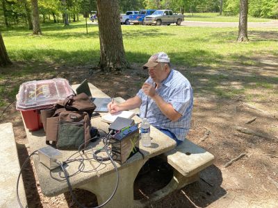 Our fearless POTA leader, Allen (KN4FKS) had a last minute change of plans and was not able to make our POTA outing at the hallowed grounds of Chickamauga Battlefield (US-0716) today (4/25). 

Nonetheless, several other operators met up at the picnic/recreation area on Brotherton Road to "POTA on". The early birds were Jeff Fitzpatrick (N2YPP) and Ed Dionne (KM6UTC). Jeff was using his FT-891 with a homemade EFHW antenna on 20 meters using SSB. At the end of the day Jeff had 145 total contacts, including 15 park-to-park and 6 DX (Canada).

Ed wound up working FT8 using two different antennas; his trusty loop antenna and a vertical antenna using a Faraday cloth as the counterpoise. In the end he wound up with 70 contacts total, including 21 DX contacts to Germany, Switzerland, France, Netherlands, England, Ukraine, Spain, Czech Republic, Bosnia & Herzegovina and Canada! There were at least 4 park-to-park contacts.

Danny (AG4DW) worked 10 and 15 meters all day using a vertical antenna and wound up with a total of 36 contacts, 24 FT8 and 2 SSB, including 1 park-to-park and 17 European DX contacts, including a new country for him, Lithuania!

Ed Sarnosky (KX4BE) arrived on his motorcycle to provide a semblance of adult supervision and offered advice where needed.

Dan Strickland (K2DTS) arrived late, after a little extra and much needed beauty sleep, and spent most of the day getting his FT8 setup to finally work properly and then did some on-the-job FT8 learning and made a few FT8 contacts.

It was a gorgeous day weather-wise but the bands were a little noisy. Except perhaps 20 meters which Jeff blew out of the water with his 145 contacts! We had fun watching Jeff sweat through some of the pileups but I fear we may have created a POTA monster out of Jeff. Stay tuned to see how it works out!

Great fun, great fellowship and we bounced lots of electrons off the ionosphere.

We also had a couple of park visitors drop by to check out what we were doing! Not a bad POTA activation at all...

