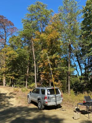 We had a two site activation on this past Thursday.

In the Morning several folks activated Pigeon Mountain US 37-42 from the Estelle mine road site. Then later another group activated Johns Mountain US-3758 from the overlook site. At the Estelle site Tony WA4TW set up his elevated delta loop antenna and had quite a morning working DX with 17 total contacts with 11 Park to Park contacts. His DX was Ukraine, Norway, Israel, Belarus, and Alaska. Dave KQ4GLQ also worked 10 meters but I don't know his contacts nor did Jeff N2YYP report in his totals.

In the afternoon we activated from the Johns Mtn Overlook. Peter KX4BE set up his absolutely tiny QRP rig. He operated CW and made 11 contacts total with 10 being CW and one SSB . See the photos of this micro rig. He packs it easily into his box on the back of his motorcycle. Allen KN4FKS made 31 SSB contacts with  11 P2P and 3 DX to Romania, Poland and Canada. Tont WA4TW came over to the overlook and worked the spot page for Allen. 

The leaves were beautiful, the weather was wonderful and the bands were in great shape. A fun day.
