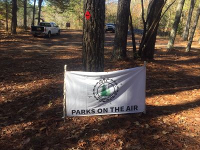 This Thursday Nov. 21 we activated J. 'Sloppy' Floyd State Park US-2187. It was a bit chilly and at times very windy, One gust blew over Dave's antenna tripod and nearly tipped over my table. In spite of the weather we had a fun day.

John KB4QXI was the only smart one as he activated from inside his car .He made 46 contacts on 20 meters SSB with 17 Park to Park contacts in that total.  The rest of us sat out in the wind. The sun was bright and the bands were good. Dave KQ4GLQ made 11 contacts on 10 meters SSB using his tripod vertical. Allen KN4FKS used his end fed wire to make 39 SSB contacts on several bands with 4 P2P contacts one to a park in Barbados. He had thirty contacts on 20 meters, six contacts on 17 meters, two on 12 meters and one on 6 meters. DX contacts were in Italy, Barbados and Canada. Danny AG4DW had 26 total contacts with 5 P2P contacts. Two SSB contacts on 6 meters, and 23 on FT8 on 15 meters. He had 7 DX contacts in Alaska, Canada, Czech Republic, Russia, Spain and Germany. By making his two contacts on 6 meters Danny qualified for the POTA "Activator N1CC" ten band activation award. He is the first of the crew to accomplish this award. Congratulations. 

Dan K2DTS stayed closer to home and activated Chickamauga Battlefield US-0716 where he made 15 contacts, 14 on 20 meters and 1 on 2 meters. He used a homebrew tripod vertical with elevated radials This antenna set up shows great promise in really projecting a signal well. 

This coming week  Thursday is Thanksgiving so we'll not schedule a planned POTA activation. However there are lots of parks and everyone can slip away sometime this week and get in an activation.

A famous Thanksgiving activation is shown in the video link:
https://www.youtube.com/watch?v=3UOoXJhXzlw  Enjoy! 
