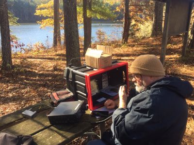 This Thursday Nov. 21 we activated J. 'Sloppy' Floyd State Park US-2187. It was a bit chilly and at times very windy, One gust blew over Dave's antenna tripod and nearly tipped over my table. In spite of the weather we had a fun day.

John KB4QXI was the only smart one as he activated from inside his car .He made 46 contacts on 20 meters SSB with 17 Park to Park contacts in that total.  The rest of us sat out in the wind. The sun was bright and the bands were good. Dave KQ4GLQ made 11 contacts on 10 meters SSB using his tripod vertical. Allen KN4FKS used his end fed wire to make 39 SSB contacts on several bands with 4 P2P contacts one to a park in Barbados. He had thirty contacts on 20 meters, six contacts on 17 meters, two on 12 meters and one on 6 meters. DX contacts were in Italy, Barbados and Canada. Danny AG4DW had 26 total contacts with 5 P2P contacts. Two SSB contacts on 6 meters, and 23 on FT8 on 15 meters. He had 7 DX contacts in Alaska, Canada, Czech Republic, Russia, Spain and Germany. By making his two contacts on 6 meters Danny qualified for the POTA "Activator N1CC" ten band activation award. He is the first of the crew to accomplish this award. Congratulations. 

Dan K2DTS stayed closer to home and activated Chickamauga Battlefield US-0716 where he made 15 contacts, 14 on 20 meters and 1 on 2 meters. He used a homebrew tripod vertical with elevated radials This antenna set up shows great promise in really projecting a signal well. 

This coming week  Thursday is Thanksgiving so we'll not schedule a planned POTA activation. However there are lots of parks and everyone can slip away sometime this week and get in an activation.

A famous Thanksgiving activation is shown in the video link:
https://www.youtube.com/watch?v=3UOoXJhXzlw  Enjoy! 
